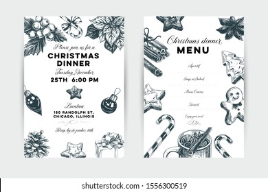 Christmas dinner hand drawn vector invitation and menu template. Xmas festive dinner party dishes list with holiday symbols sketches. Black ink mistletoe, poinsettia engravings for invitation card