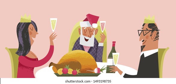 Christmas dinner. Happy family celebrating Christmas. Vector card.