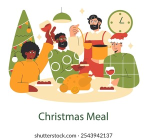 Christmas dinner illustration. Diverse friends sharing a festive meal with turkey and wine in a joyful home setting. Vector illustration.