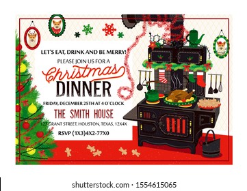 Christmas Dinner Invitation Card. Victorian Decorative Cast Iron Stove. Vector Illustration.