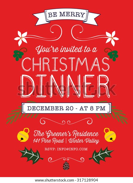 赤い背景にクリスマスディナーの招待状 またはチラシ クリスマスエレメントで装飾 ベクター画像とイラストデザイン のベクター画像素材 ロイヤリティフリー