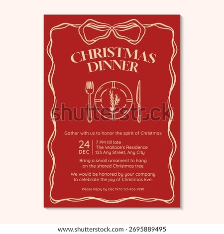 Christmas dinner invitation template in red and gold theme.Vector illustration Christmas party invitation template.