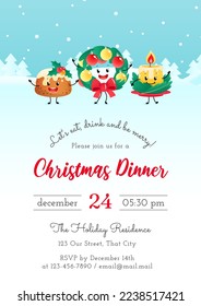 Christmas Dinner invitation template. Winter holiday illustration with a pudding, a wreath and a candle on a background of a winter landscape. Vector 10 EPS.