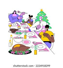 Christmas dinner isolated cartoon vector illustrations. Group of people celebrating Christmas together, lot of traditional food on the table, drink champagne, friends having fun vector cartoon.