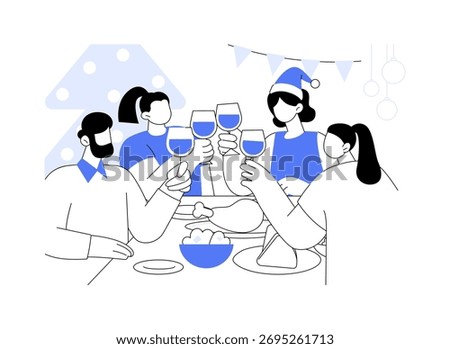 Christmas dinner isolated cartoon vector illustrations. Group of people celebrating Christmas together, lot of traditional food on the table, drink champagne, friends having fun vector cartoon.