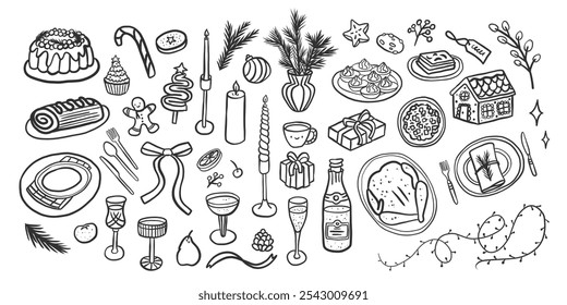 Christmas dinner, New Year's food, vintage table setting. Festive menu with meal and drinks, dishes and glasses. Outline ink doodle