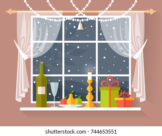 Christmas dinner on the windowsill. Vector illustration. Interior in flat style. Christmas card.