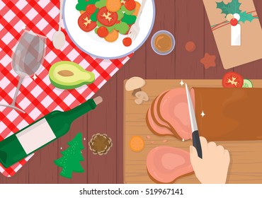 Christmas Dinner on wood table Vector Design.