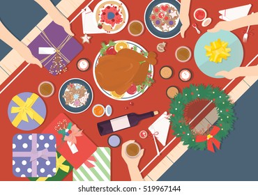 Christmas Dinner on wood table Vector Design.