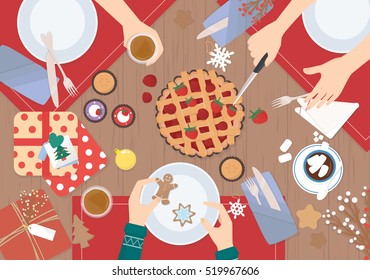 Christmas Dinner on wood table Vector Design.