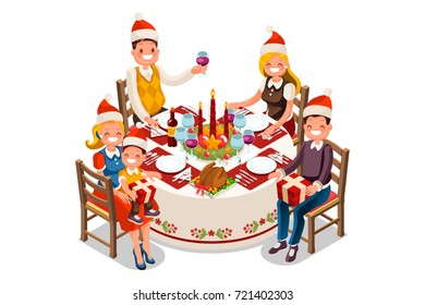 Christmas dinner party illustration. 3D flat isometric table decoration, food and vector cartoon characters.