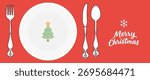 christmas dinner plate with tree icon, vintage fork knife spoon on red festive banner with merry christmas lettering, minimal flat vector winter holiday table setting background.