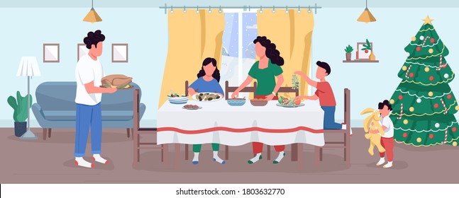 Christmas dinner preparation semi flat vector illustration. Children help parents to serve food. Table for festive meal on New Year. Family 2D cartoon characters for commercial use