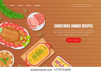 Christmas Dinner Recipes Landing Page Template, Festive Table with Traditional Festive Dishes on Wooden Table, Top View Flat Vector Illustration