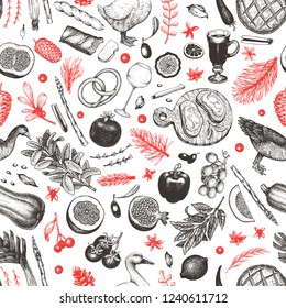 Christmas dinner seamless pattern. Vector hand drawn illustrations. Happy Christmas dinner vintage design. Background with harvest, vegetables, pastry, bakery, meat duck, goose.