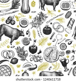 Christmas dinner seamless pattern. Vector hand drawn illustrations. Happy Christmas dinner vintage design. Background with harvest, vegetables, pastry, bakery, meat beef.