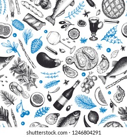 Christmas dinner seamless pattern. Vector hand drawn illustrations. Happy Christmas dinner vintage design. Background with harvest, vegetables, pastry, bakery, fish.