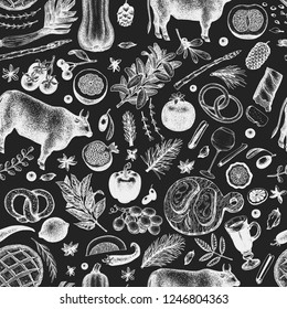 Christmas dinner seamless pattern. Vector hand drawn illustrations on chalk board. Happy Christmas dinner vintage design. Background with harvest, vegetables, pastry, bakery, meat beef.