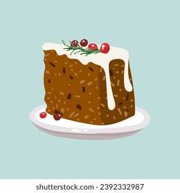 Christmas dinner with slice of cake decorated berries in ceramic bowl. Vector illustration