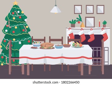 Christmas dinner table flat color vector illustration. Traditional New Year celebration banquet. Stockings and Christmas pine tree. Festive 2D cartoon interior with decoration on background