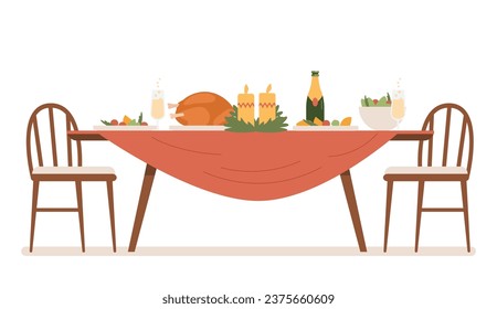 Mesa de cena navideña con comida y champán ilustraciones planas vectoriales aisladas en blanco.