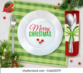 Christmas dinner table place with plate and cutlery holder for spoon and knife realistic poster vector illustration 