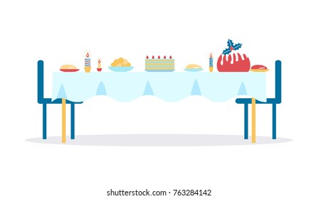 Christmas dinner and table served with various plates, cake and candles used as decoration, symbolic mistletoe, isolated on vector illustration