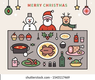 Christmas dinner table. Snowman, Santa and Rudolph reindeer are having a Christmas party. flat design style minimal vector illustration.