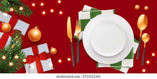 Vista superior de la mesa de cena de Navidad. Ilustración realista de Vector de plato y cubiertos servidos para la víspera de fiesta, mantel rojo decorado con la rama del árbol de Navidad, luces, cajas de regalo y juguetes, comida familiar