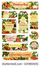 Christmas dinner tag and label with festive dish. Xmas turkey, cookie and mulled wine, cake, pudding and gingerbread greeting card, adorned with Christmas tree and holly branch, snow, star and candle