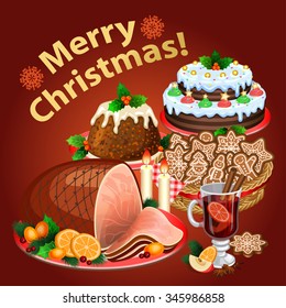 Christmas dinner, traditional food and desserts, ham, pie, pudding, mulled wine. Vector illustration