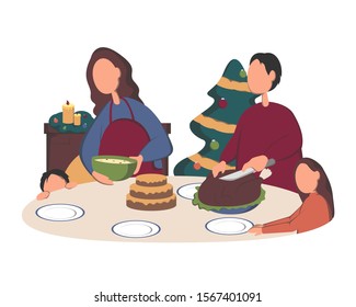 Christmas dinner vector illustration. Xmas meal table setting with family at home background. Family celebrating together Christmas concept
