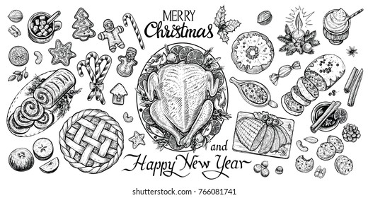 Christmas Dinning Table, Top View Vector Graphic Illustration. Wintertime Food And Drinks. Homemade Chicken, Gingerbread Cookies, Stollen, Pudding, Grog, Pie, Ham, Meat Roll, Mulled Wine, Sauce Etc.