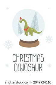 Christmas dino card. Cute little dinosaur diplodocus in snow globe. Print for wall art, apparel, card, textile, fabric, nursery, stationery.