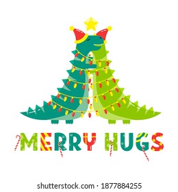 Christmas dino hugging. Cute Christmas print is perfect for a T-shirt or postcard design.