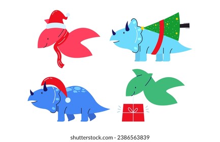 Christmas dinosaur cute design vector set