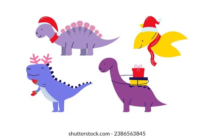 Christmas dinosaur cute design vector set