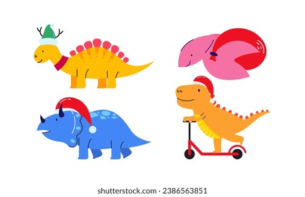 Christmas dinosaur cute design vector set