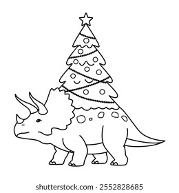Christmas Dinosaur with Decorated Tree Line art
