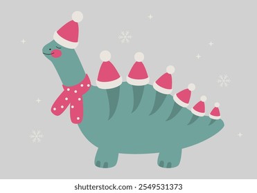 Christmas Dinosaur dressed as Santa Claus hat. Vector illustration of funny character in cartoon flat style