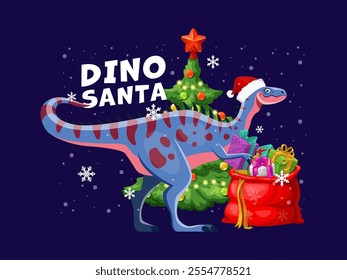 Christmas dinosaur greeting card with playful Alectrosaurus dino wearing a Santa hat, delivering gifts by a Christmas tree. Cartoon vector festive prehistoric animal exudes cheer and holiday greetings