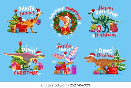 Christmas dinosaur greetings. Cartoon vector festive dino species wearing santa hats and surrounded by xmas trees, presents, and holiday decorations. Playful and cheerful funny holiday congratulations