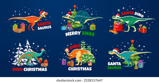 Christmas dinosaur greetings. Cartoon vector festive dino animals wearing santa hats and surrounded by presents, pine trees and snowflakes with playful, traditional holiday merry xmas greeting quotes