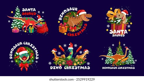 Christmas dinosaur greetings. Cartoon vector festive dino animals wearing santa hats and surrounded by presents, petards, trees and snowflakes with playful, traditional holiday merry xmas quotes