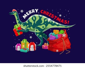 Christmas dinosaur greetings. Cartoon vector cheerful hypacrosaurus dino celebrates Xmas holiday with gifts bag, snowflakes and festive spirit. Merry Christmas greeting card with prehistoric animal