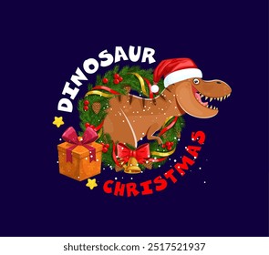 Christmas dinosaur greetings, T-rex in Santa hat with gifts for winter holiday, cartoon vector. Funny T-rex tyrannosaurus as Santa in Christmas tree wreath and pine cones with golden bell and ribbon