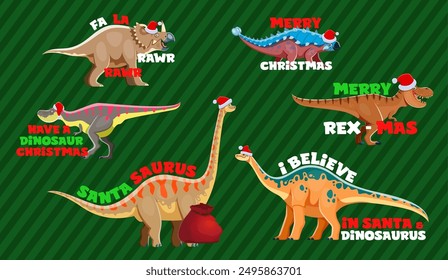 Christmas dinosaur greetings of Xmas winter holiday, vector prehistoric dino animals characters. Cartoon tyrannosaurus, ankylosaurus, brachiosaurus and apatosaurus dinosaurs, Christmas hats and gift