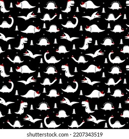 Christmas dinosaur in a santa claus hat on a black background seamless pattern.