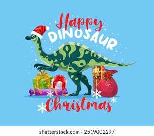 Christmas dinosaur Santa with gifts and greetings for winter holiday, cartoon vector. Funny dino lizard as Santasaurus in Santa hat with Happy Christmas greetings and gifts and wrappers with ribbons