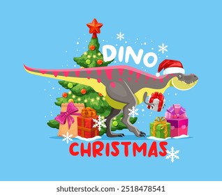 Navidades dinosaurio Santa con regalos de vacaciones para saludos, Anuncio de Vector de dibujos animados. Divertido lagarto dino jurásico, árbol de pino de Navidades con estrella y decoraciones en copos de nieve para el saludo de Navidades alegres